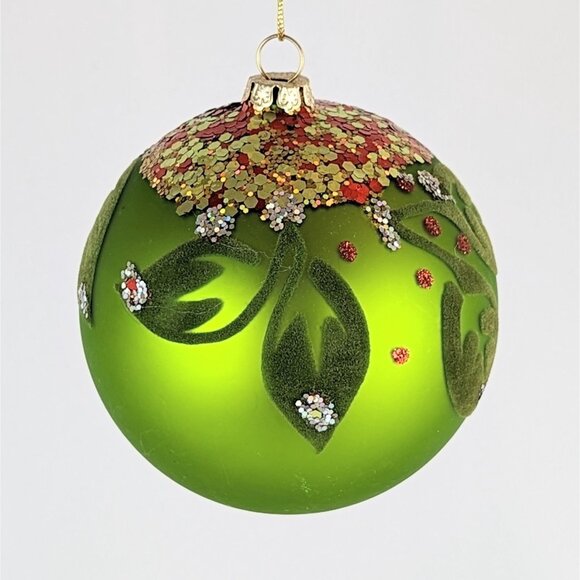 Pair Red and Green Glittery Glass Christmas Ornaments Round Ball Teardrop Felted - Picture 8 of 10